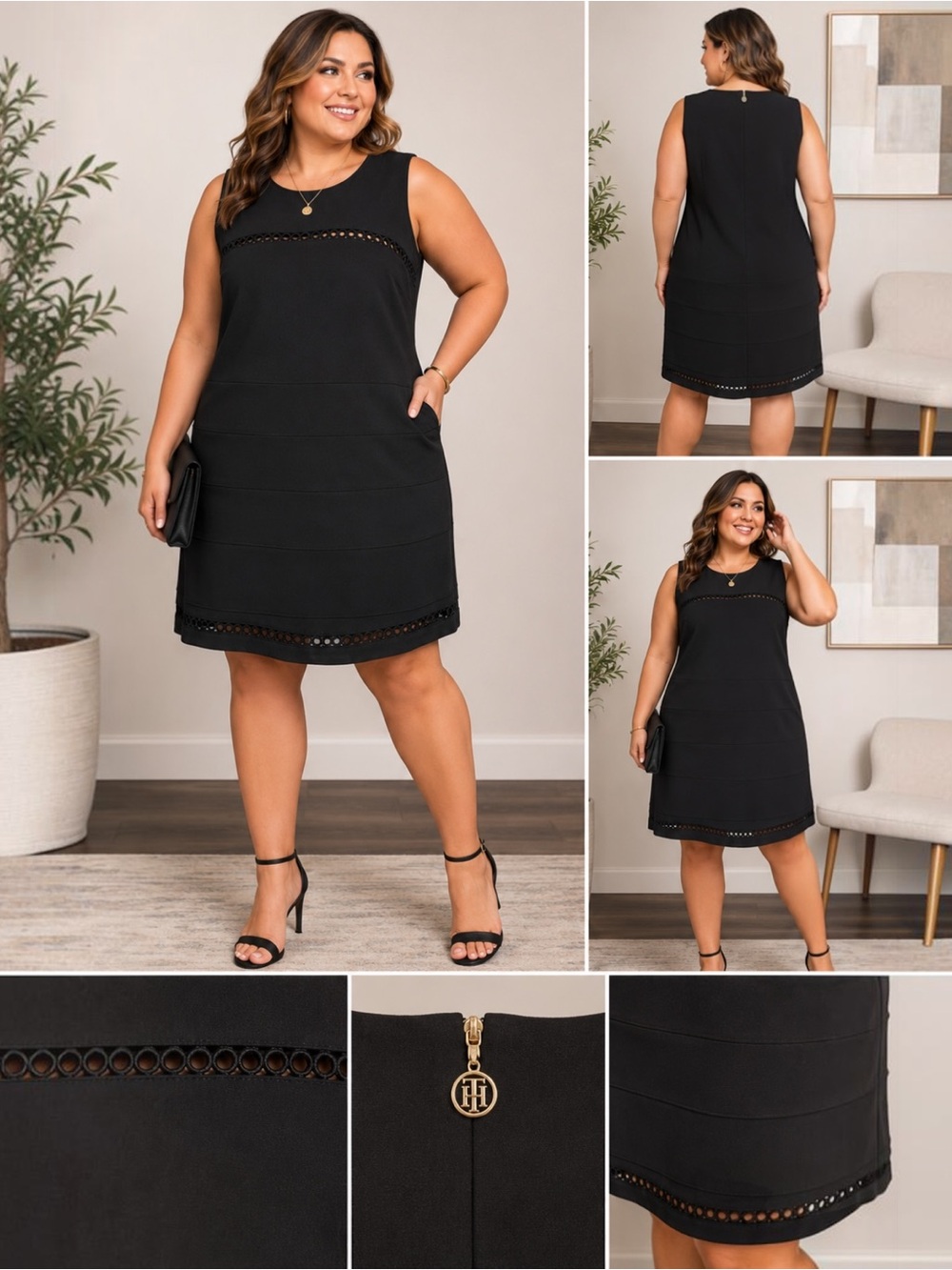 Tommy Hilfiger Black Sheath Dress 20W Plus Size Sleeveless Crochet Trim